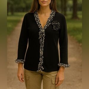 AMBRA LONG SLEEVE OPEN CARDIGAN WITH FRINGE AND FLOWER NWOT